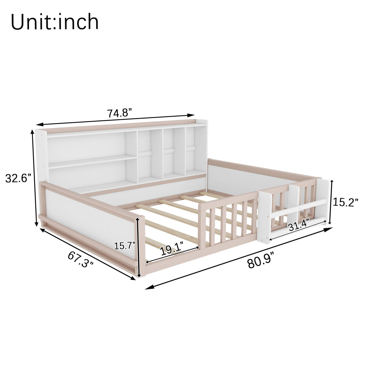 Platform Bed Frame With Guardrail, Storage Shelves & Bookshelf