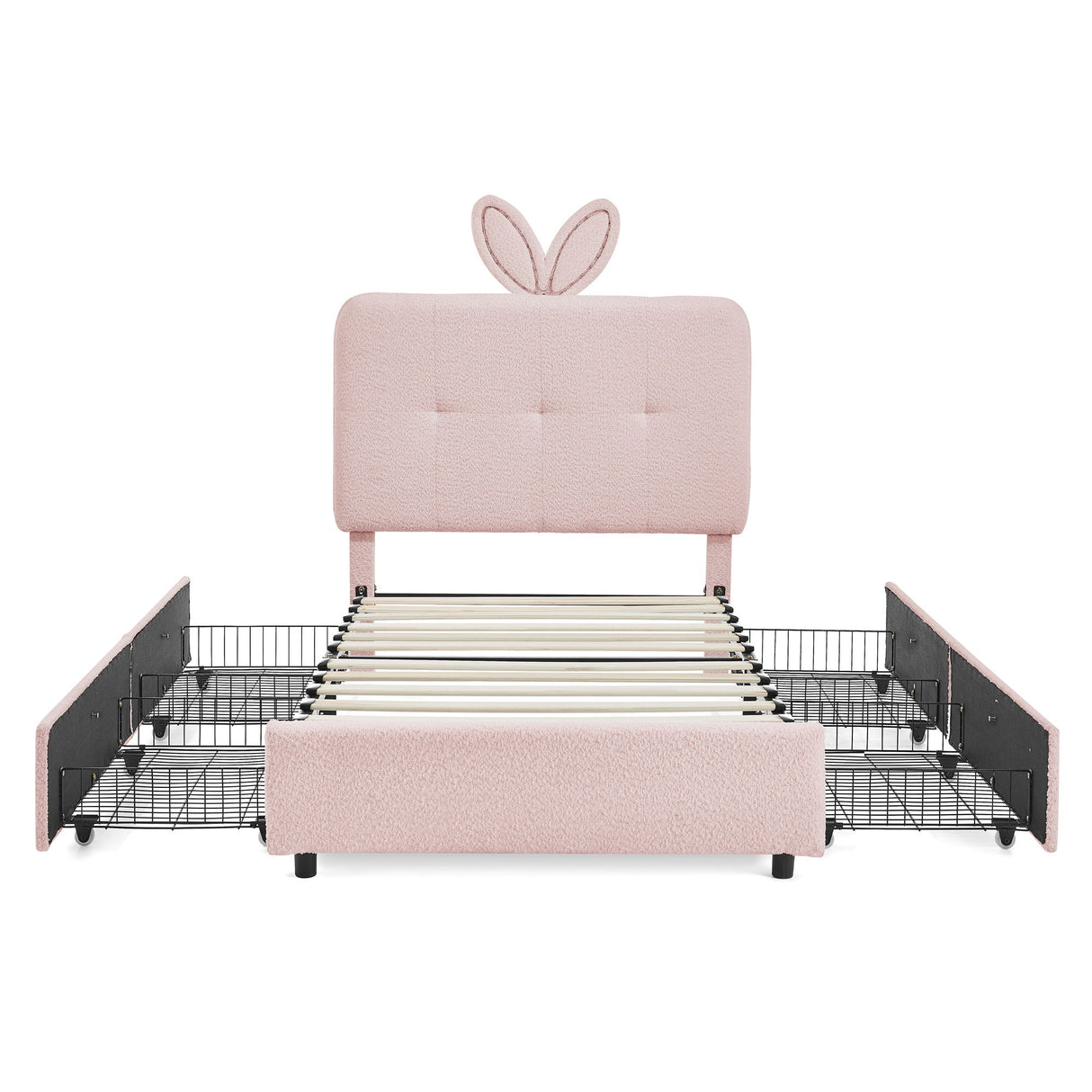 Upholstered Bed With Oversized Rabbit Ear Headboard, LED Lights & 4 Storage Drawers