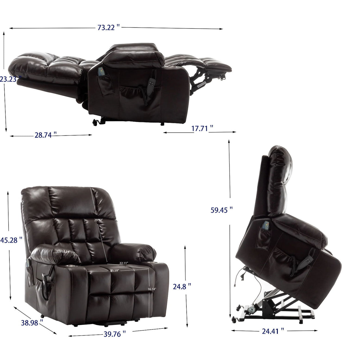 Lift Chair With Heat & Massage, 2 Pockets, 2 Cup Holders, Dual Remote - Wine Red