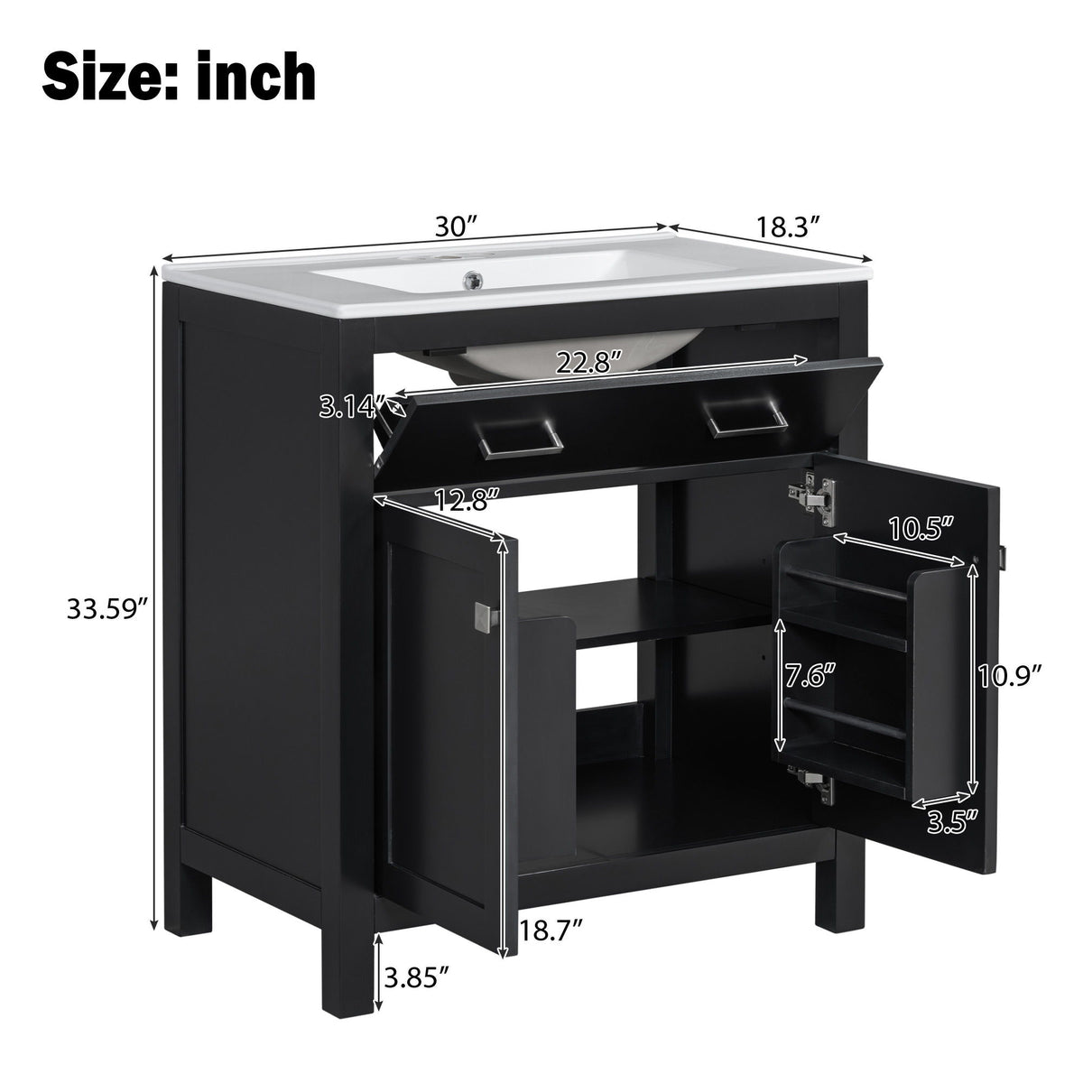 Bathroom Vanity With Ceramic Sink, Modern Single Bathroom Cabinet With 2 Doors And A Shelf, Soft Close Doors