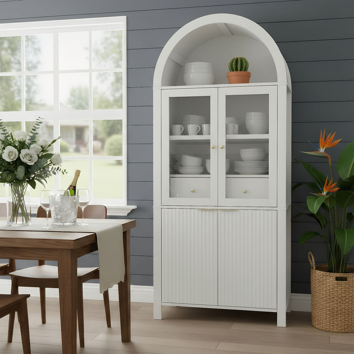Fluted Tall Arched Pantry Cabinet With Adjustable Shelves, Glass Door & Hidden Drawer For Kitchen