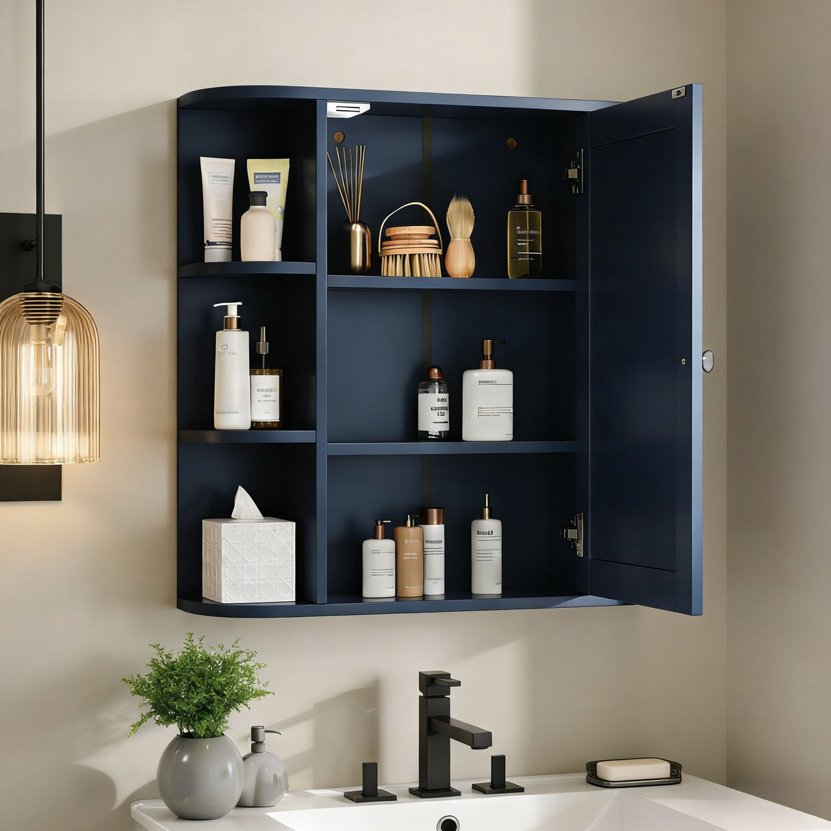 Bathroom Wall Storage Cabinet With Mirror And Adjustable Shelf, 6 Open Shelves
