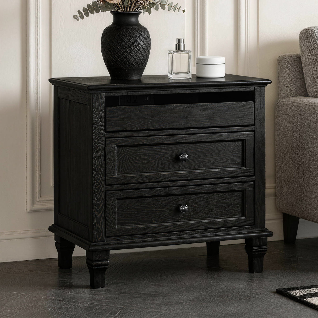 Nightstand With Charging Station, 3 Drawer Storage Table