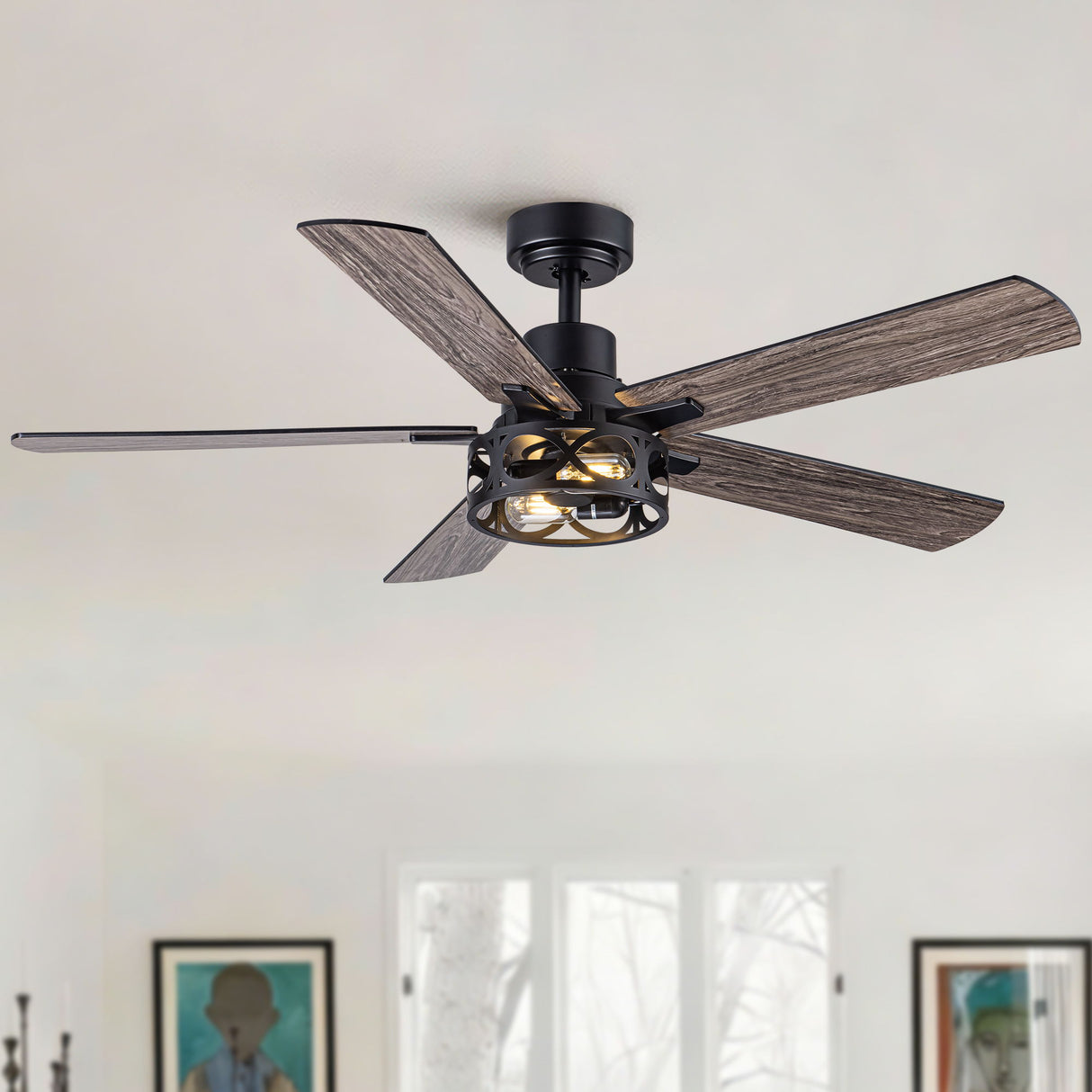 Ceiling Fan With Light, Dual‑Sided Matte Black & Wood Grain Blades - Black