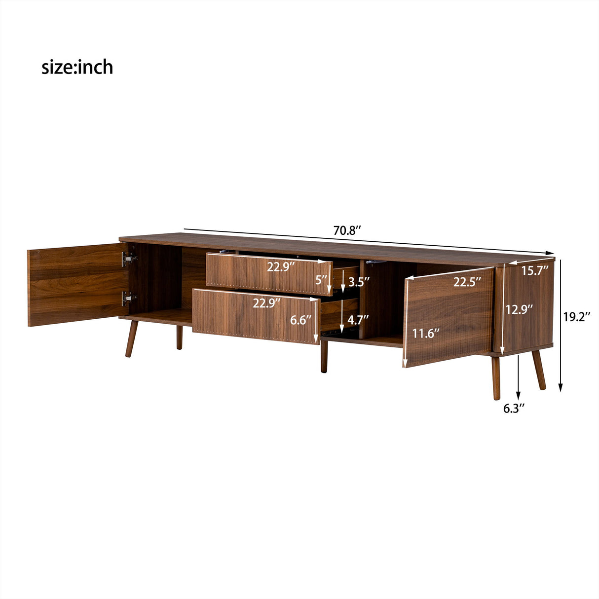 Fluted TV Stand With Storage Drawers And Cabinets For TVs Up To 80", Soft-Close Hinges, Cable Management - Walnut