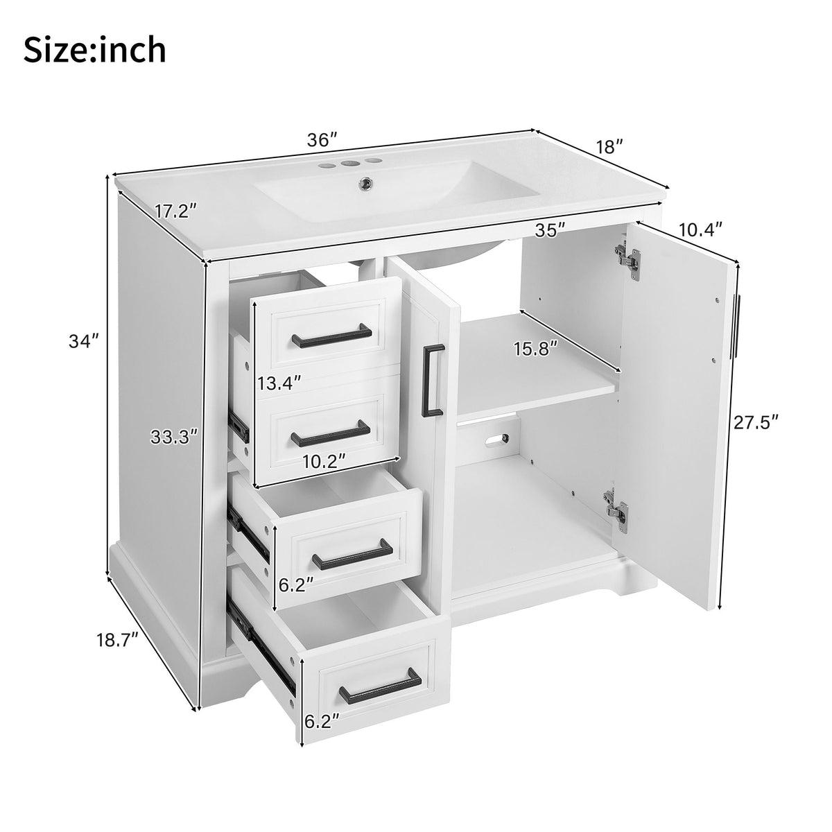 Bathroom Vanity With Sink, Soft Close Doors, Adjustable Shelf & 3 Drawers