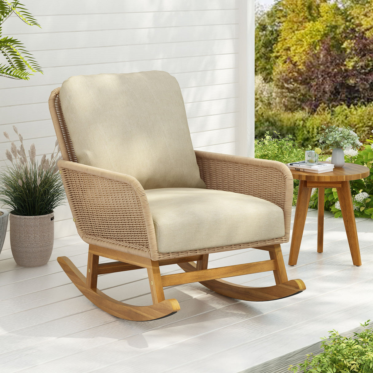 Contemporary Minimalist Wicker Rocking Chair With Soft Cushions