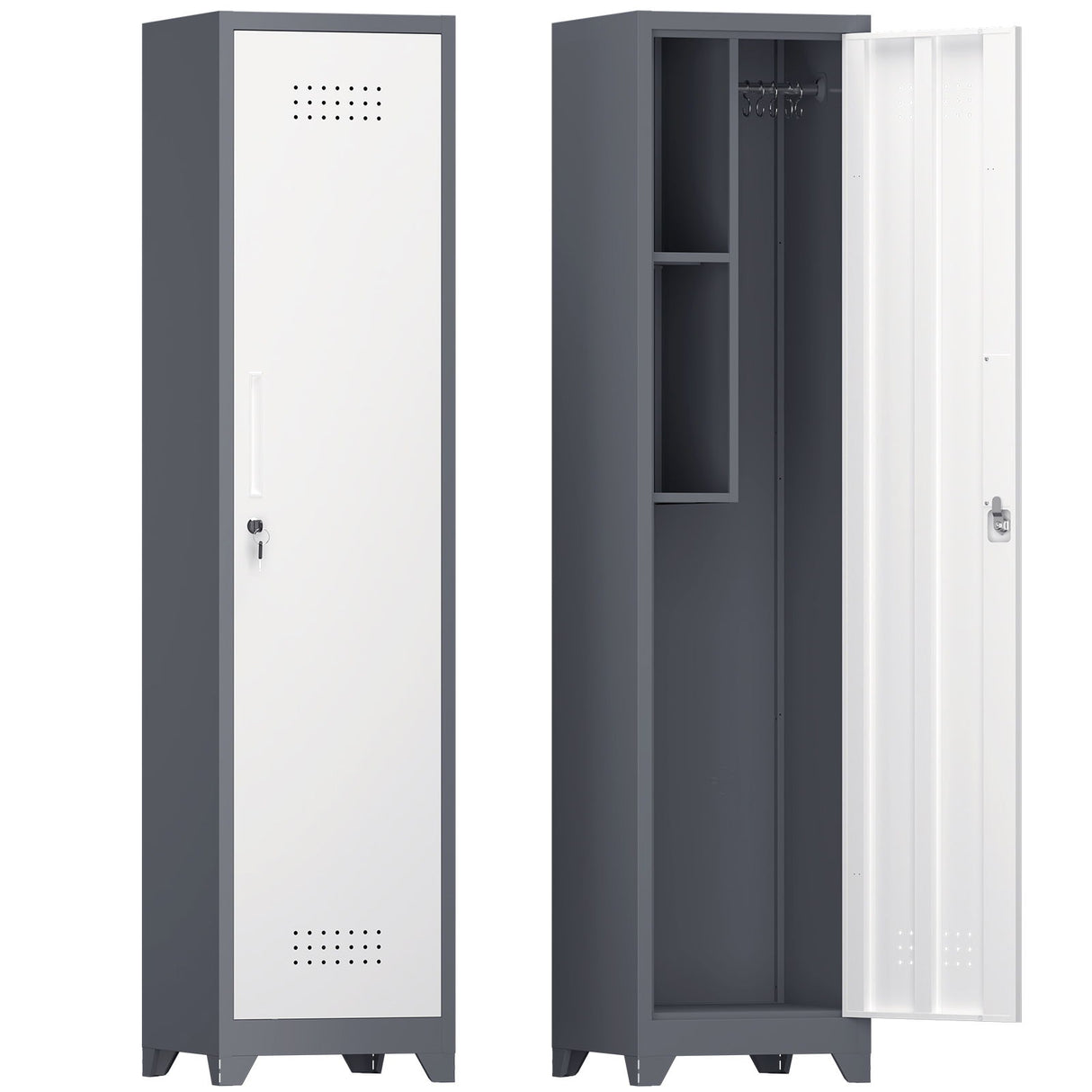 Broom Storage Cabinet, 65" Narrow Slim Utility With Hooks And Shelves, Heavy-Duty Construction - White