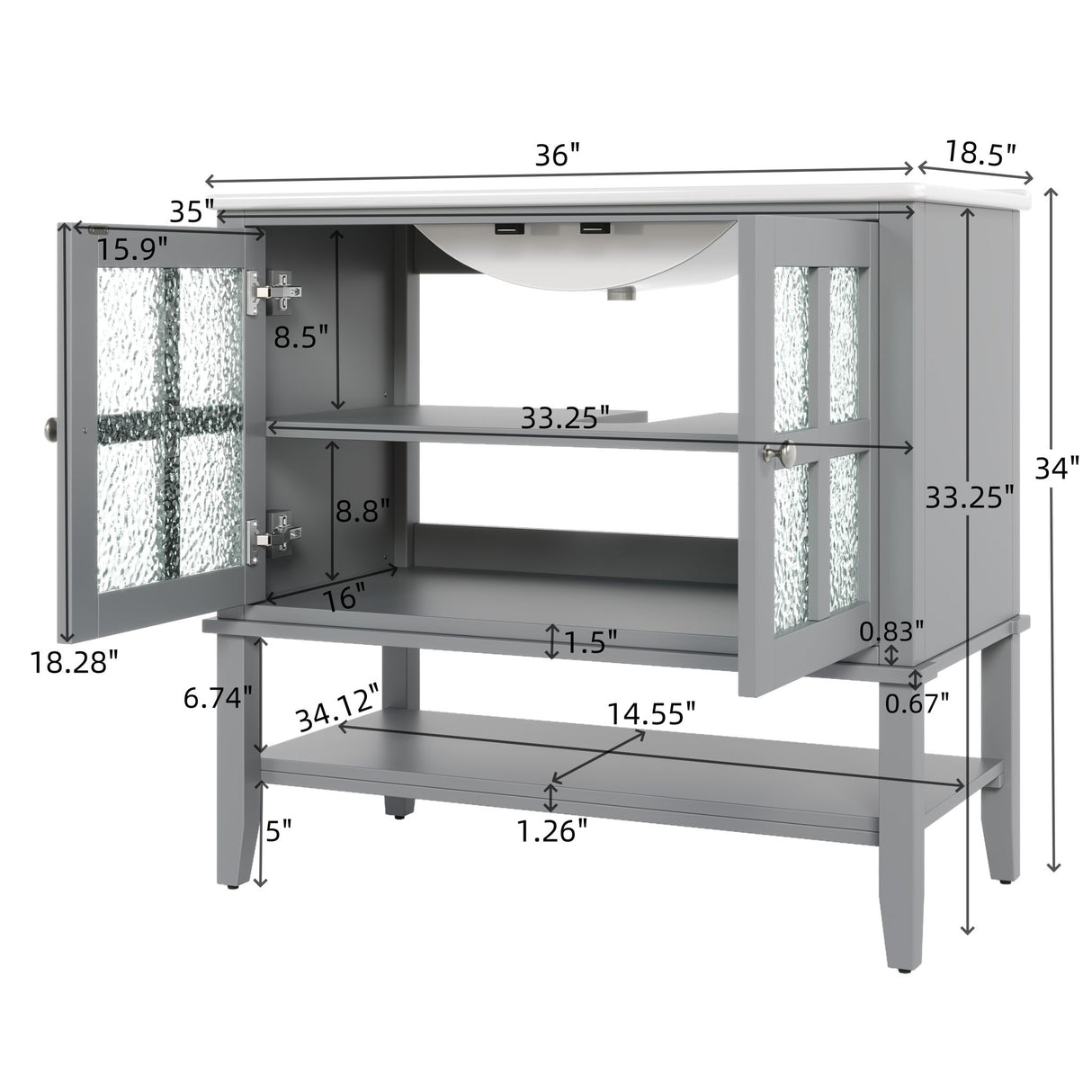 Bathroom Vanity With Ceramic Sink, Adjustable & Open Shelf