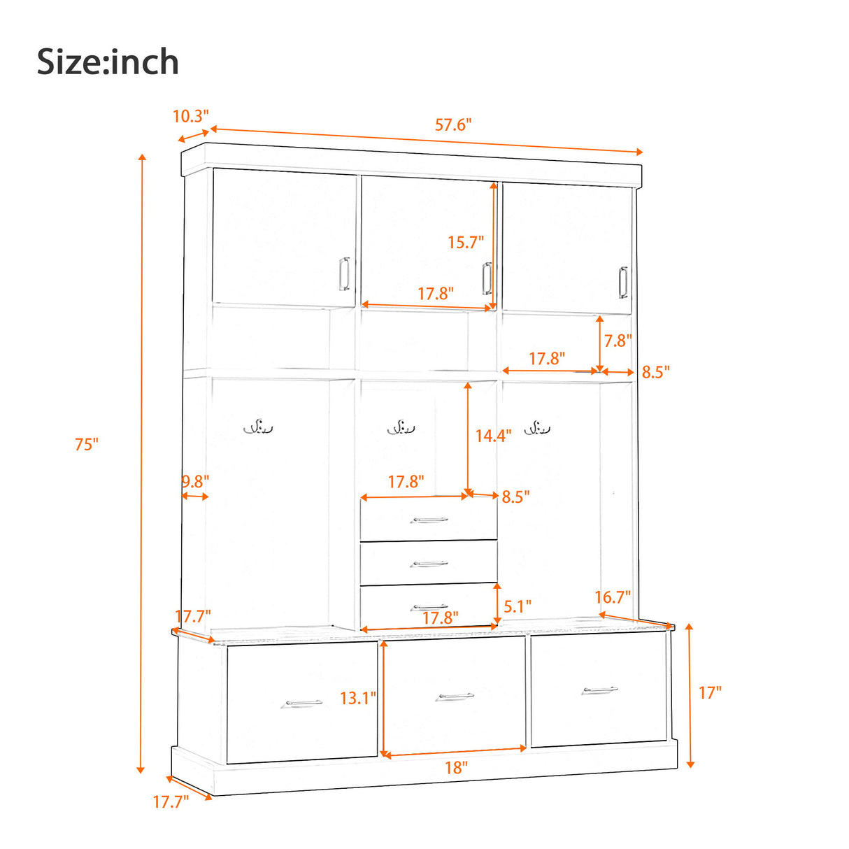 Entryway Hall Tree With Bench And Storage, 5 In 1 Coat Rack