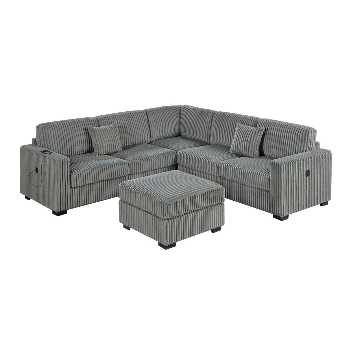 Upholstered L - Shaped 4 Piece Sectional Set With USB, Cocktail Ottoman