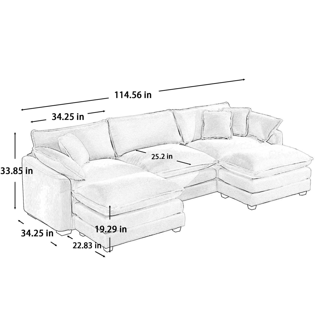 Oversized Modular Cushion Sofa With Ottoman, Low Back, Deep Seating Sofa Set
