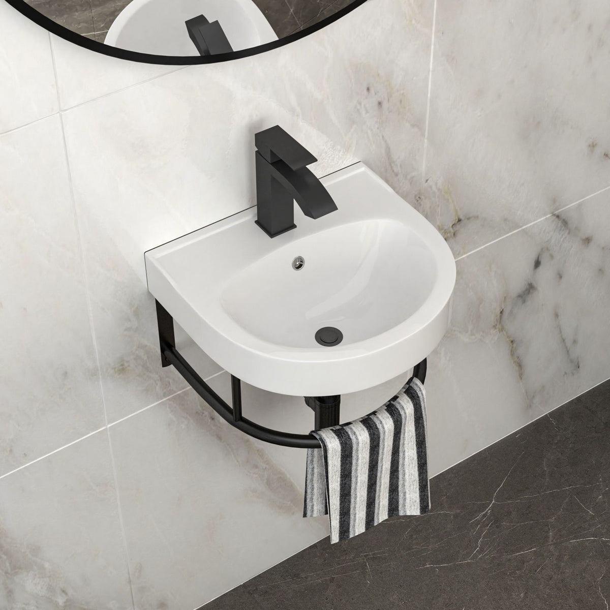 Wall Mounted Bathroom Sink With Towel Bar And Faucet - White / Black