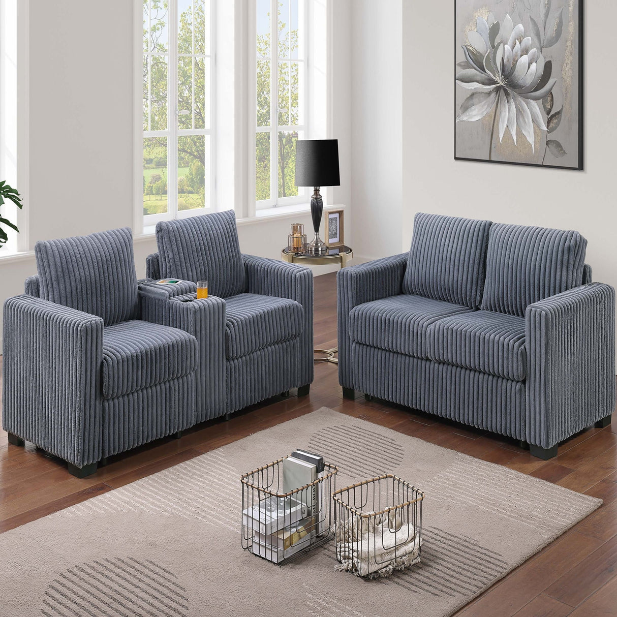 Modern Style 2 Piece Sofa Set With Cup Holders & Charging Port