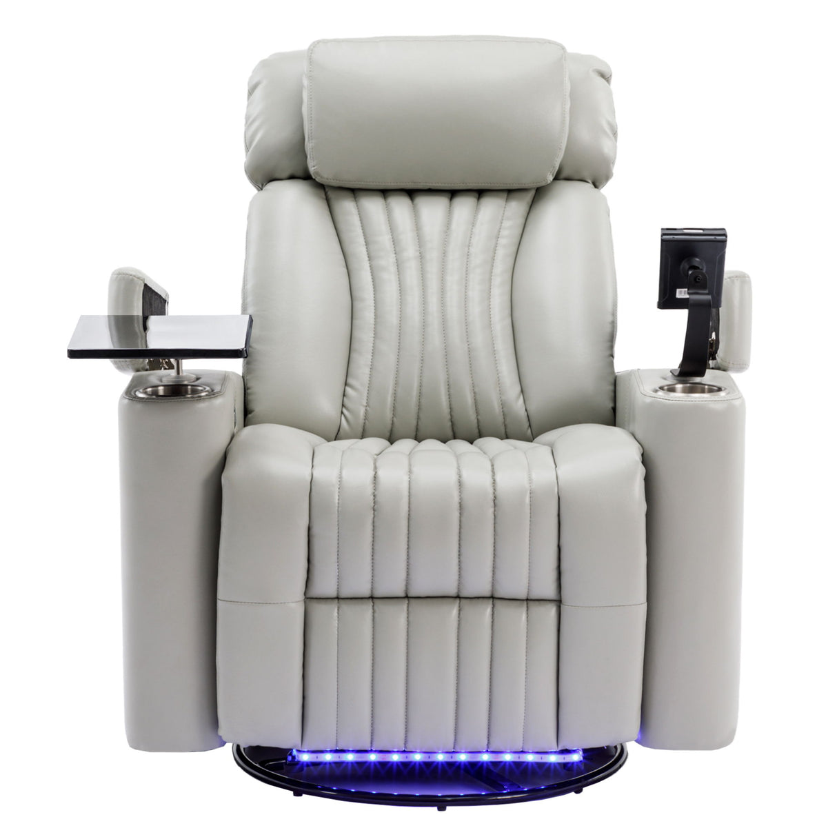 270° Power Swivel Recliner Home Theater Chair With Hidden Arm Storage, LED Light, Cup Holder, And Tray Table