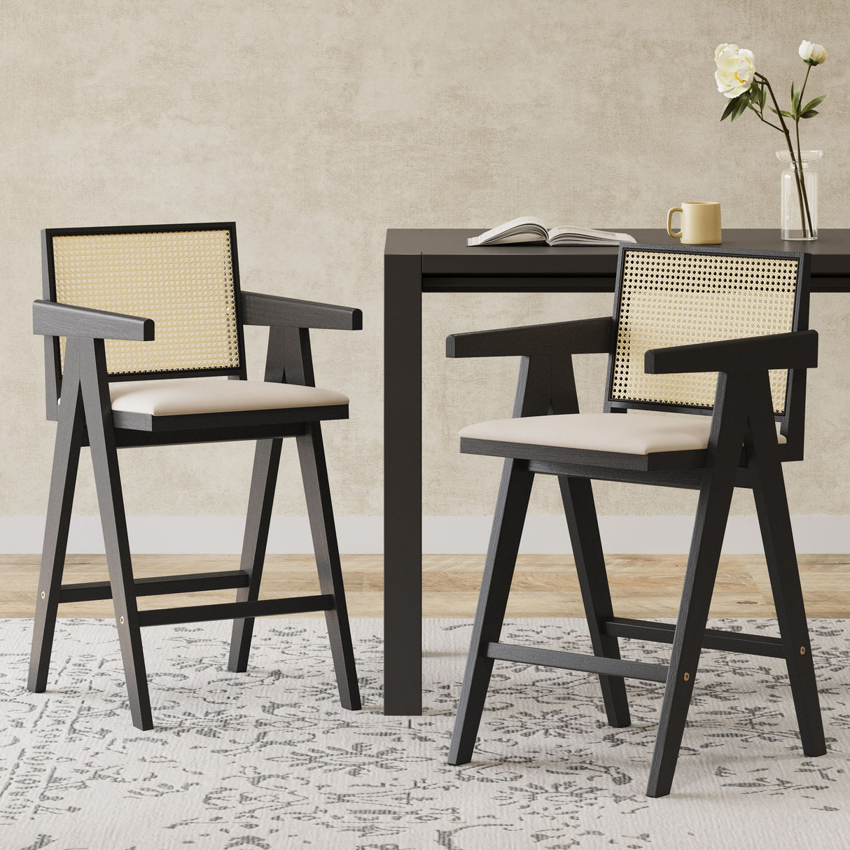 Woven Cane Plastic Backrest Bar Stool Foam Padded Fabric Seat & Durable Rubberwood Frame - Cream Gray