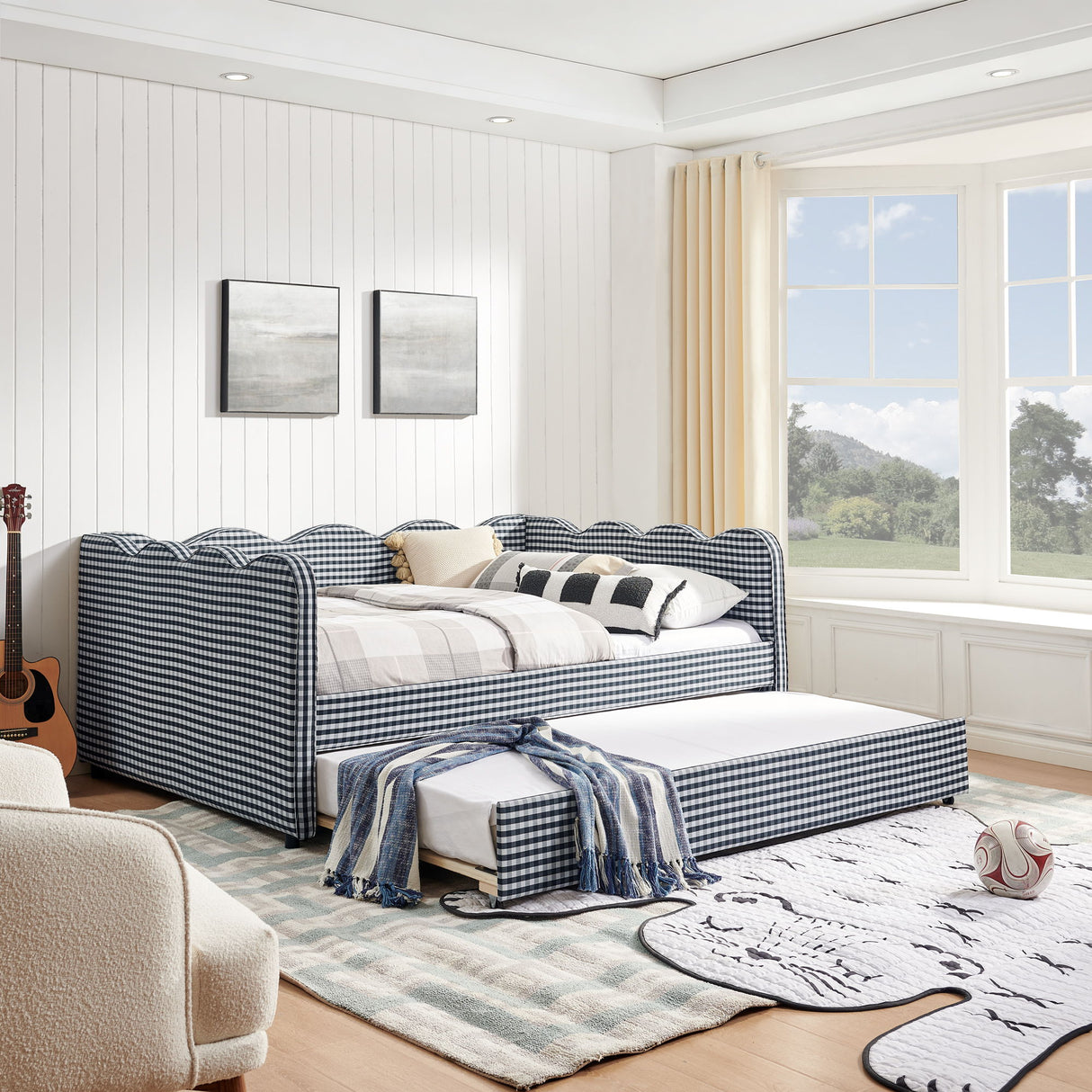 Gingham Daybed & USB Charging Port, Wave-Shaped Design
