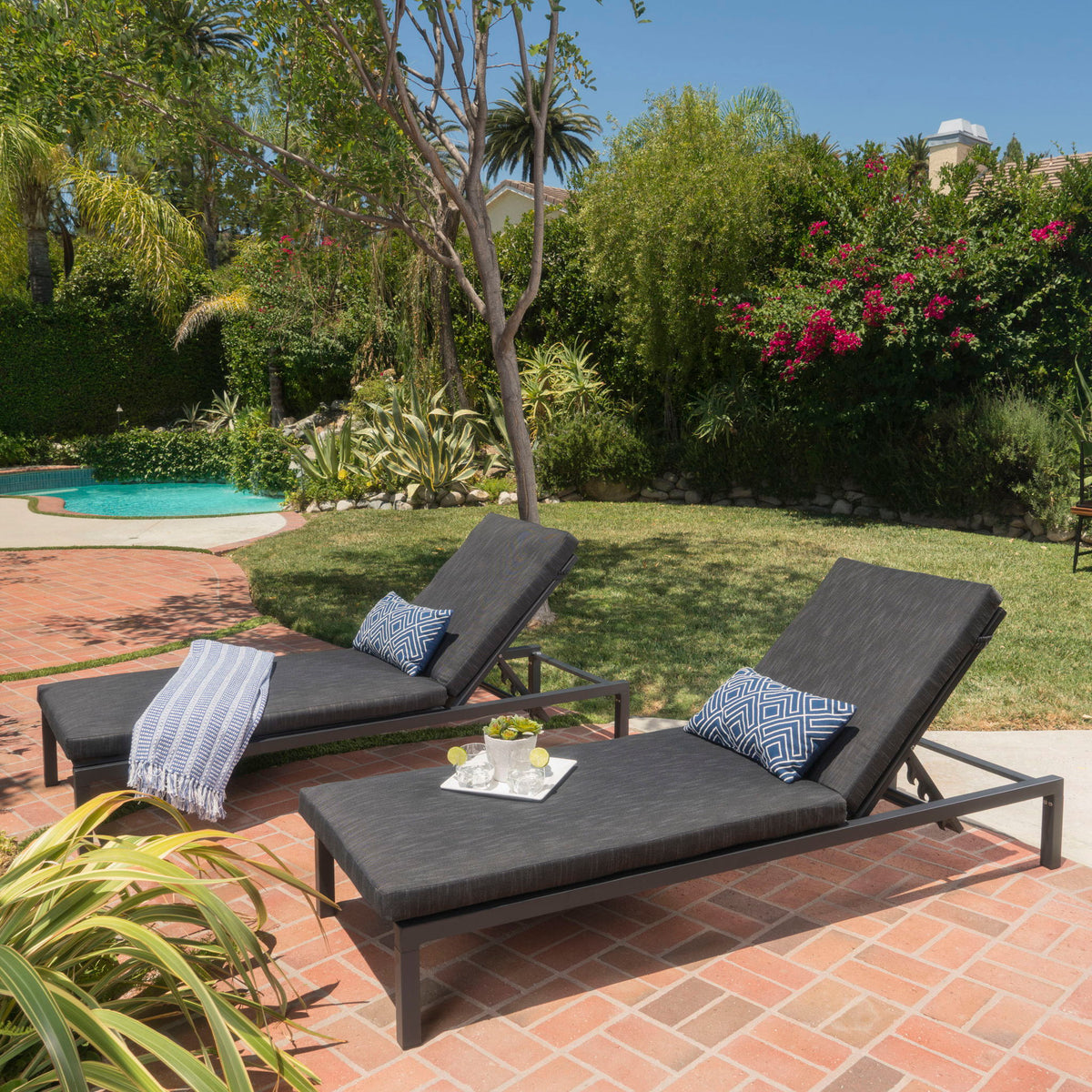 Navan - Modern Chaise Lounge Set With Water Resistant Cushions - Dark Gray