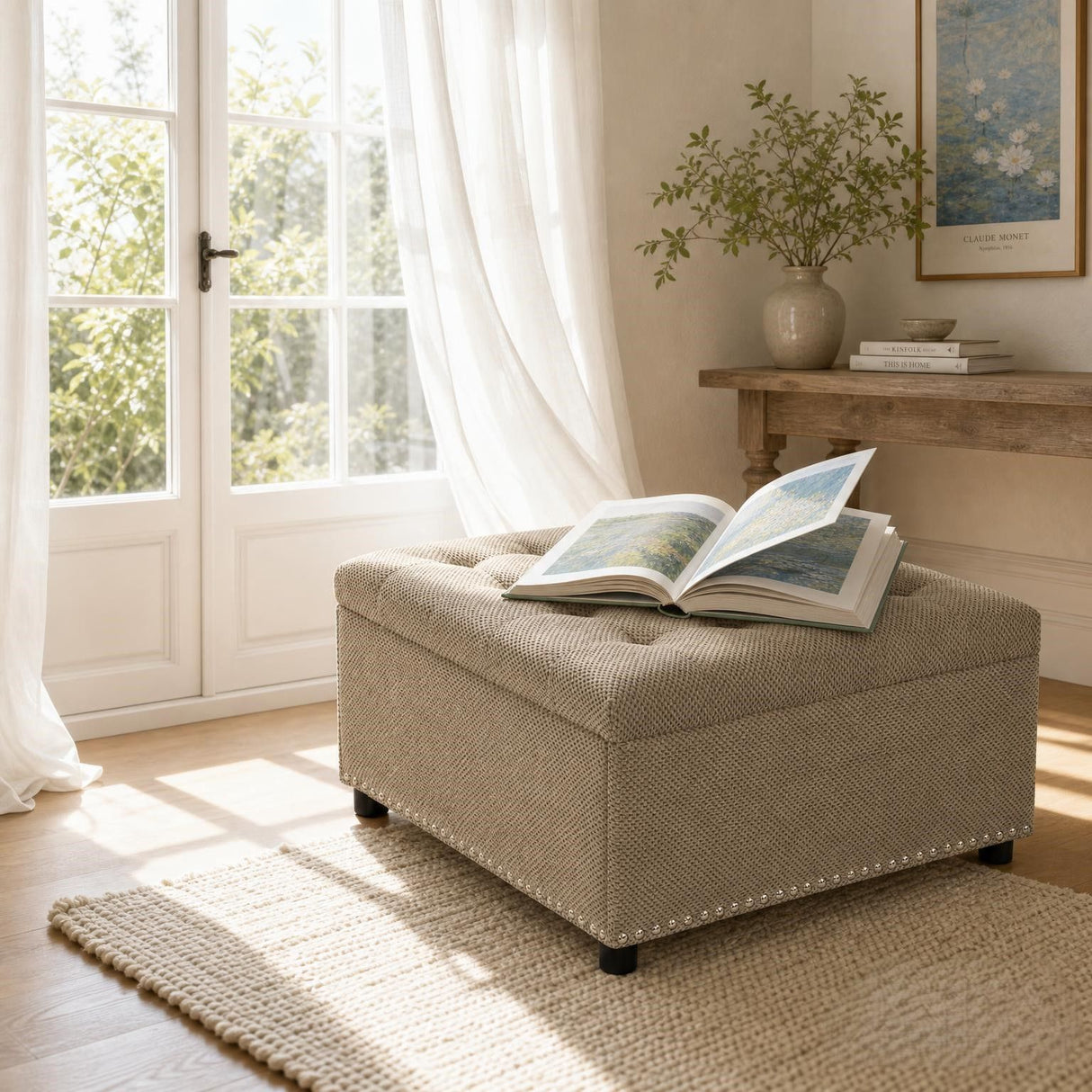 Square Tufted Storage Ottoman With Nailhead Trim