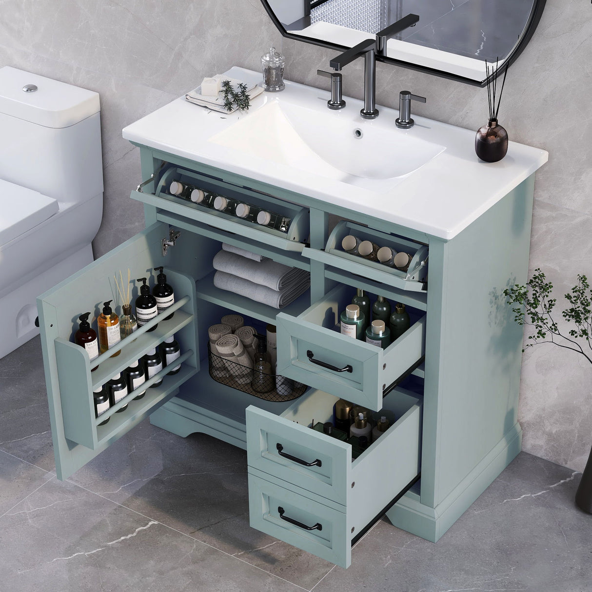 Bathroom Vanity With Ceramic Sink, Freestanding Design, 2 Tip Out Drawers, Soft Close Hinges - Gray