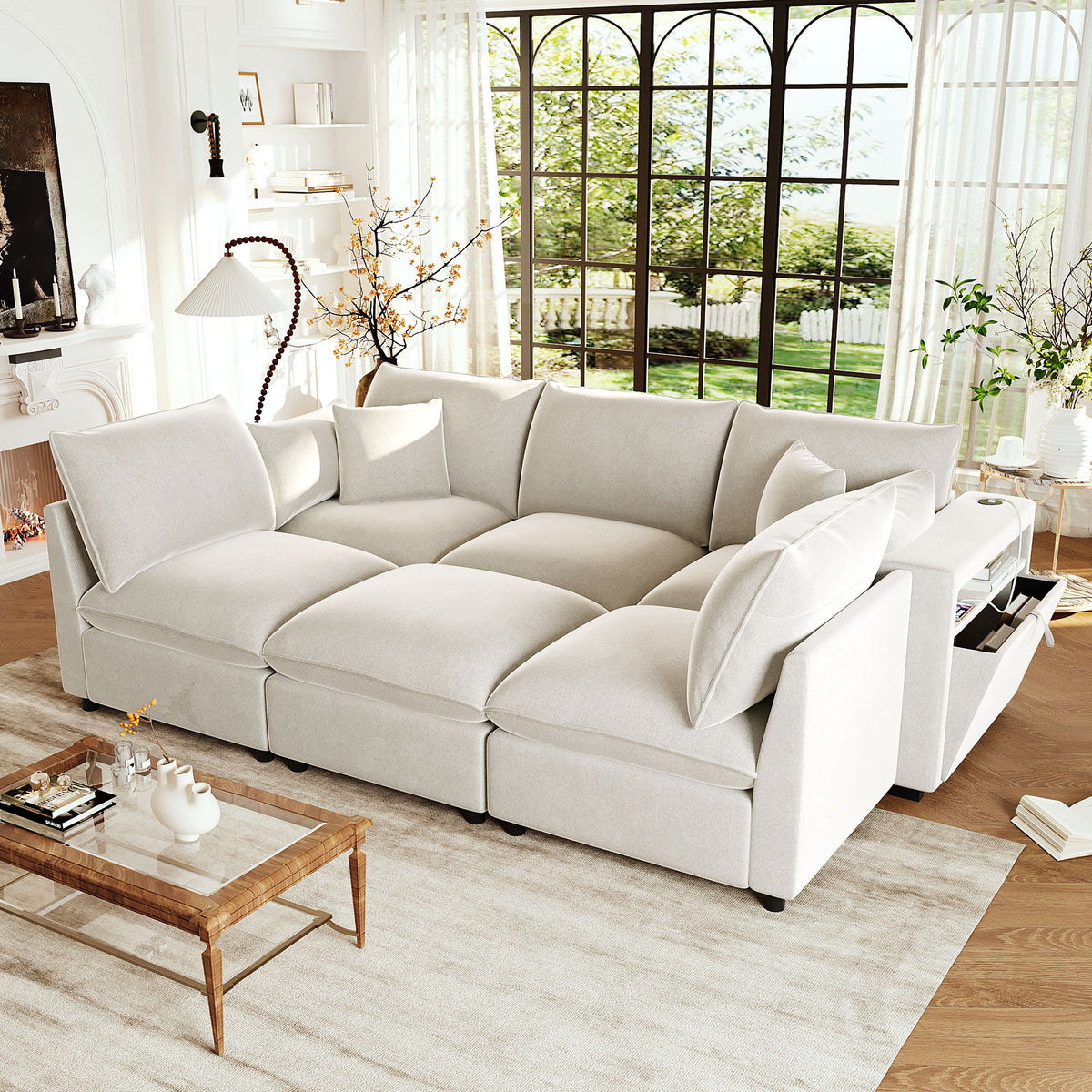 Sectional Modular Sofa, U-Shaped With Movable Ottoman, Storage Armrests And USB Ports - Beige