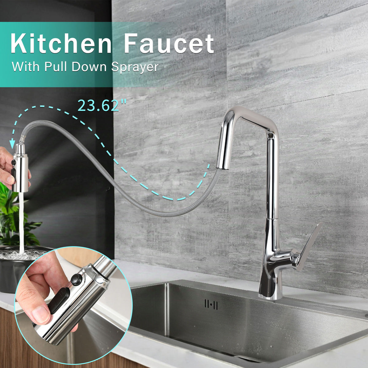 Professional Kitchen Faucet With 3 Function 360 Sprayer And 1 Touch Switching