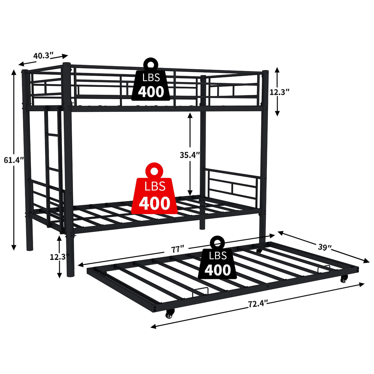 Metal Bunk Bed For Kids, Convertible Bedframe With Ladders & Guardrail