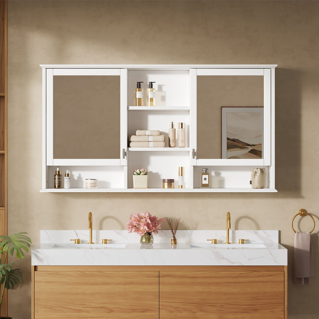 Wall Mount Mirror Cabinet With Adjustable Shelves - White