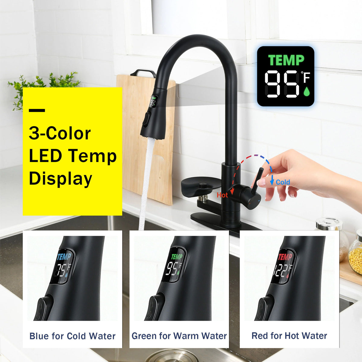 3 In 1 Kitchen Faucet With LED Temperature Display, Pull Down Sprayer