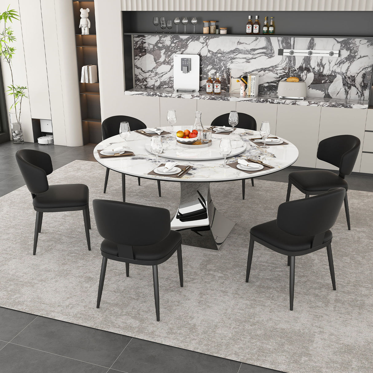Round Dining Table & 6 Chairs Set - Silver