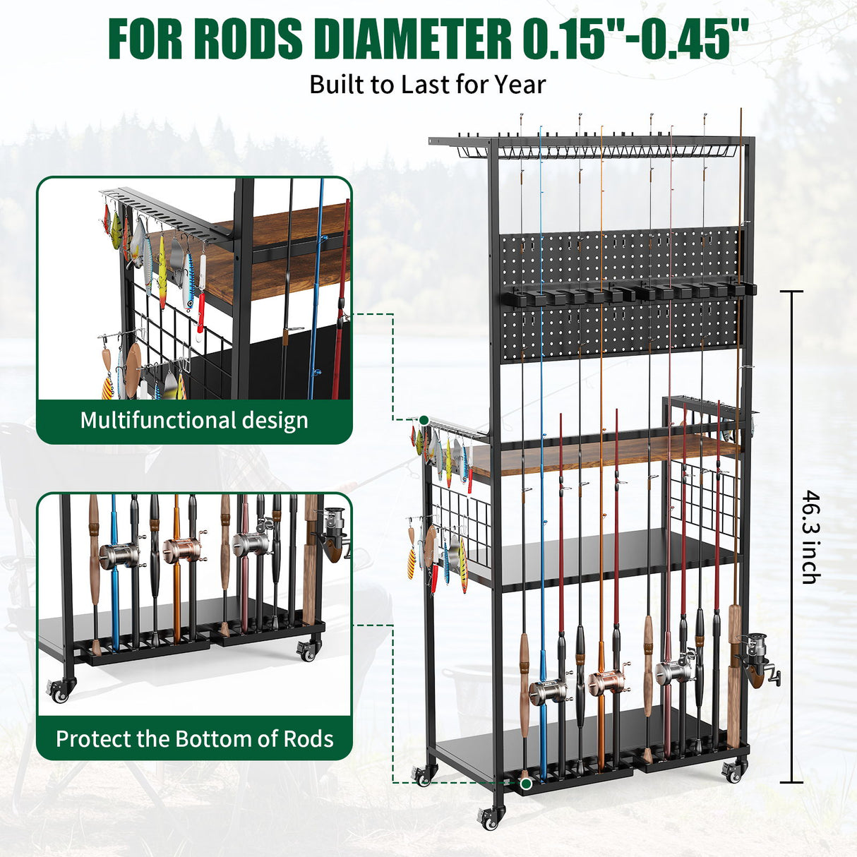 Fishing Rod Storage Rack With Pegboard, Rolling Tackle Organizer Cart - Black