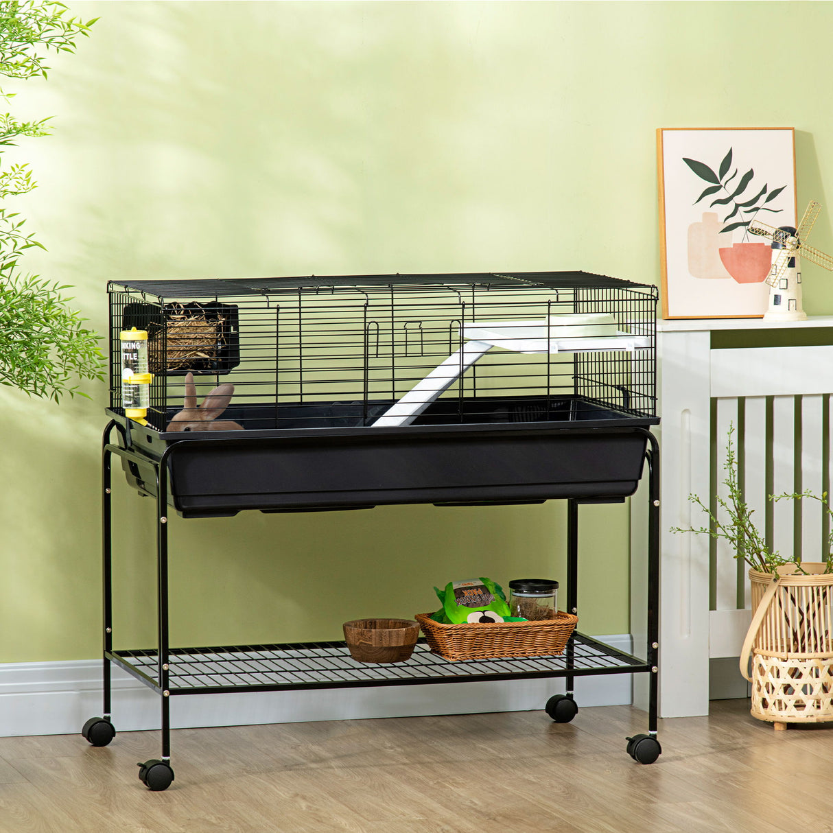 Pawhut - Two-Story Small Animal Cage Removable From Stand, Guinea Pig Cage, Hedgehog Cage, Chinchilla Cage, Ferret, With Shelf & Wheels, Pet Habitat - Black