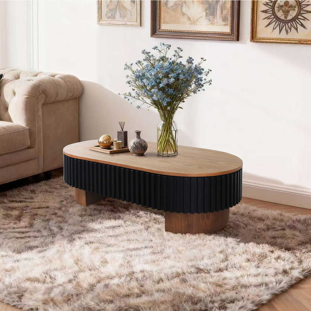 Elliptical Living Room Coffee Table With Hidden Storage And Removable Tabletop