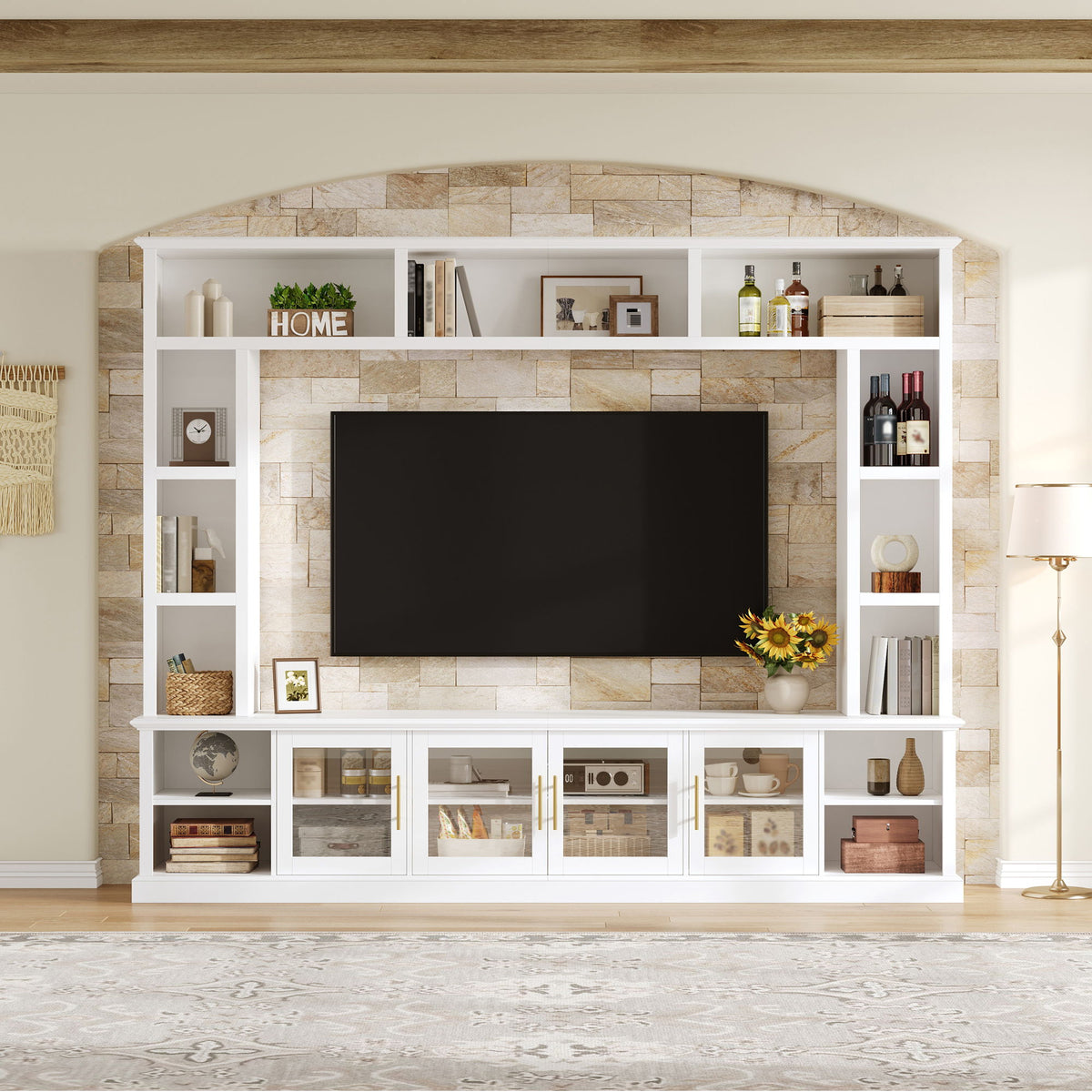 All-In-One Entertainment Center With Bookshelves & Tempered Glass Doors, TV Console Unit For Living Room