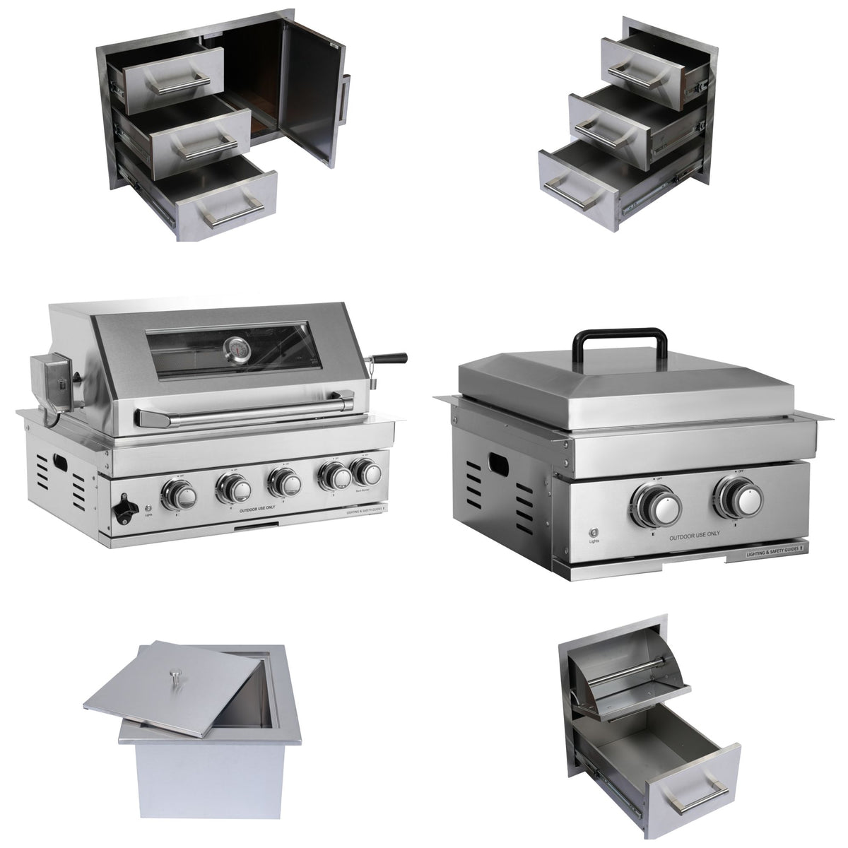 Built-In Outdoor Kitchen LPG Gas Grill 60000 Btu, Drop-In Ice Box With BBQ Tool Set - Silver