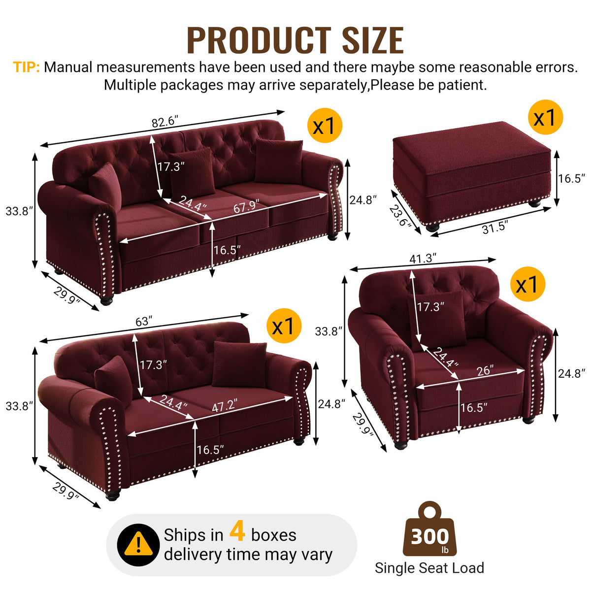 Upholstered Sofa Set With Nailhead Trim And Rolled Armrests, Includes Pillows