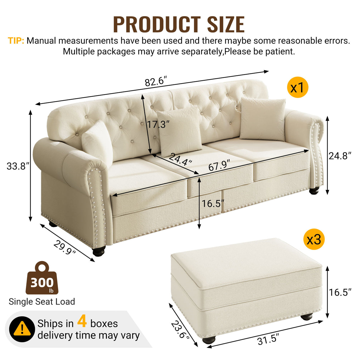 Upholstered Sofa Set With Nailhead Trim And Rolled Armrests, Includes Pillows