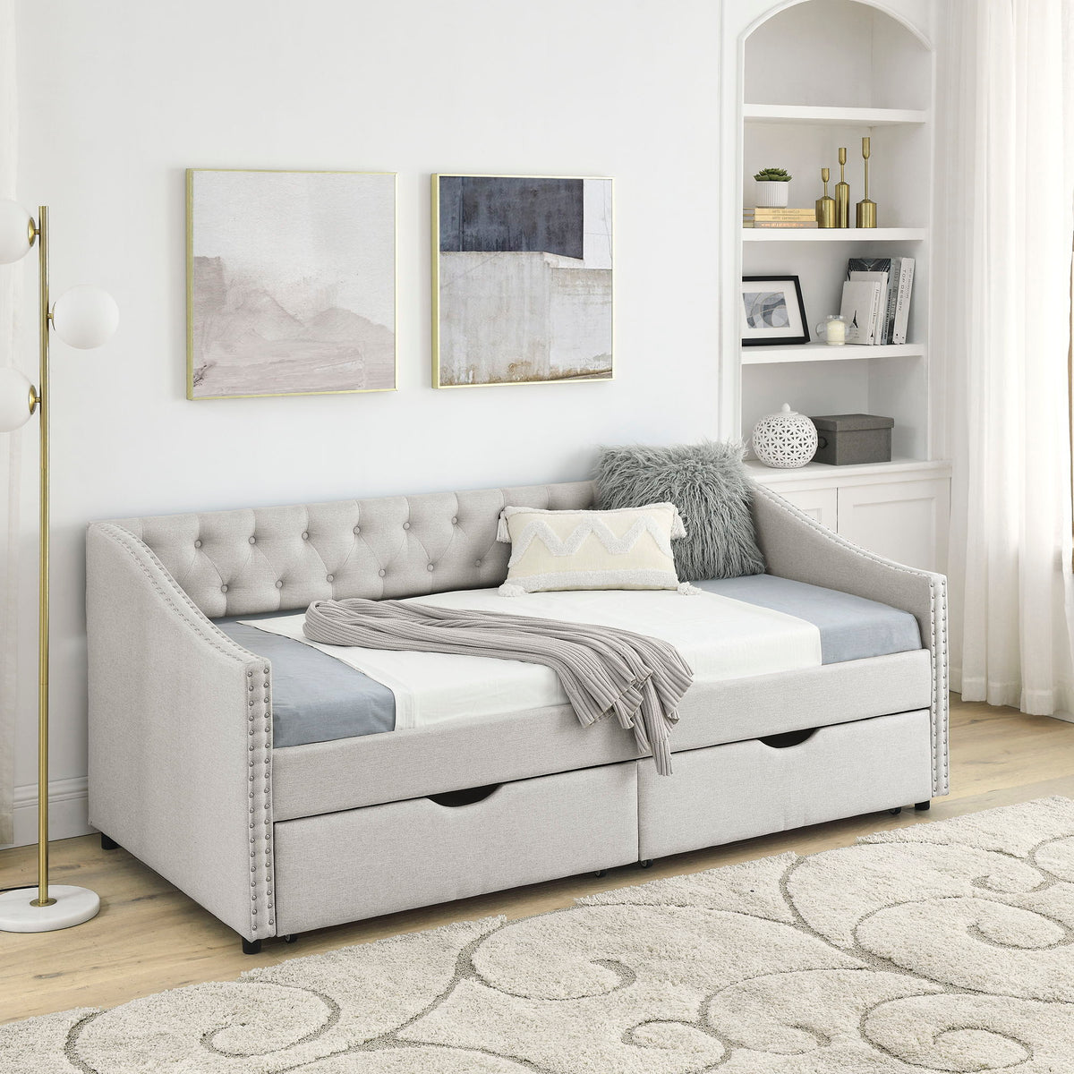 Upholstered Tufted Daybed With 2 Drawers, Waved Arms
