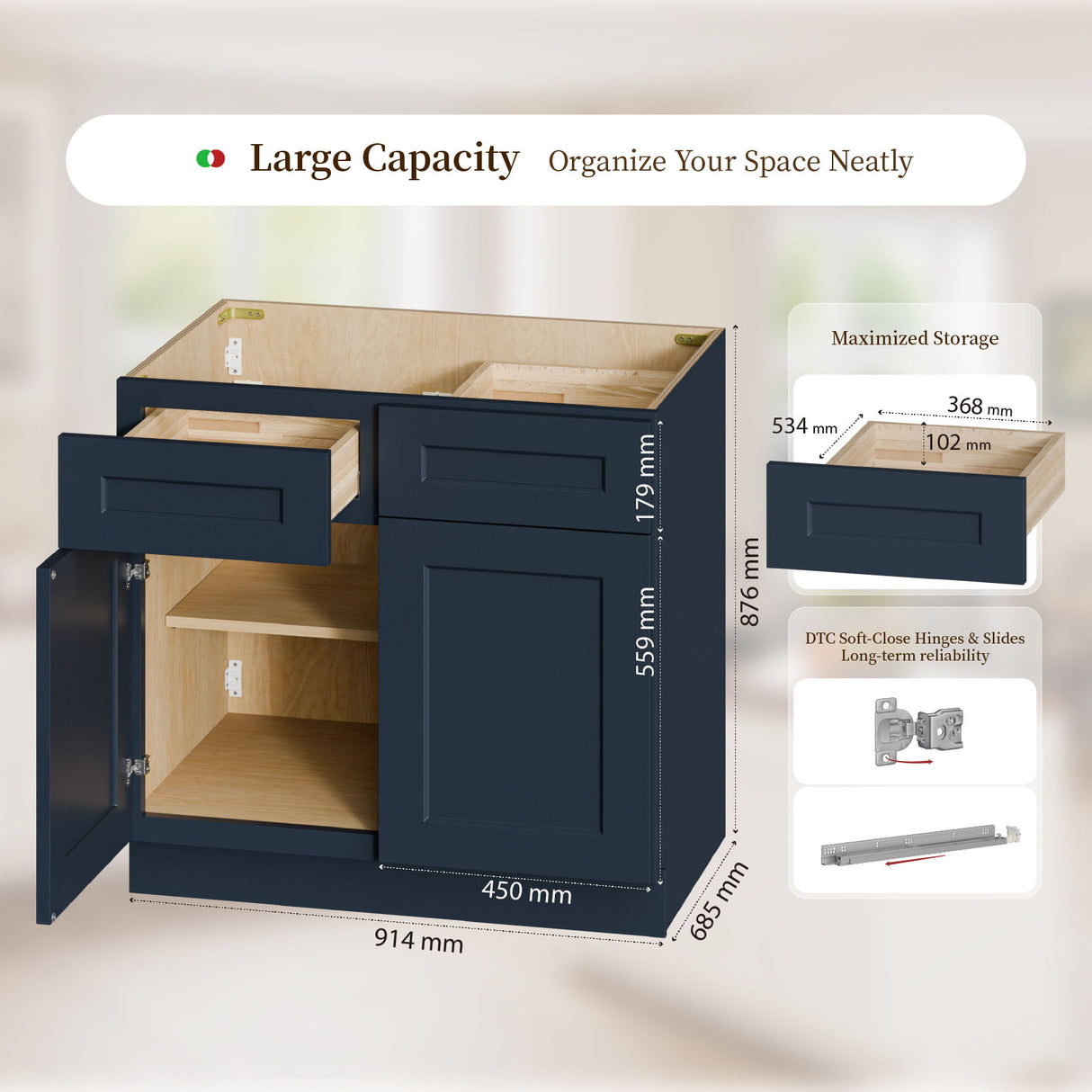 Shaker Base Cabinet With Doors, Soft Close Hinges, Adjustable Shelf, Bathroom Storage Unit - Navy Blue