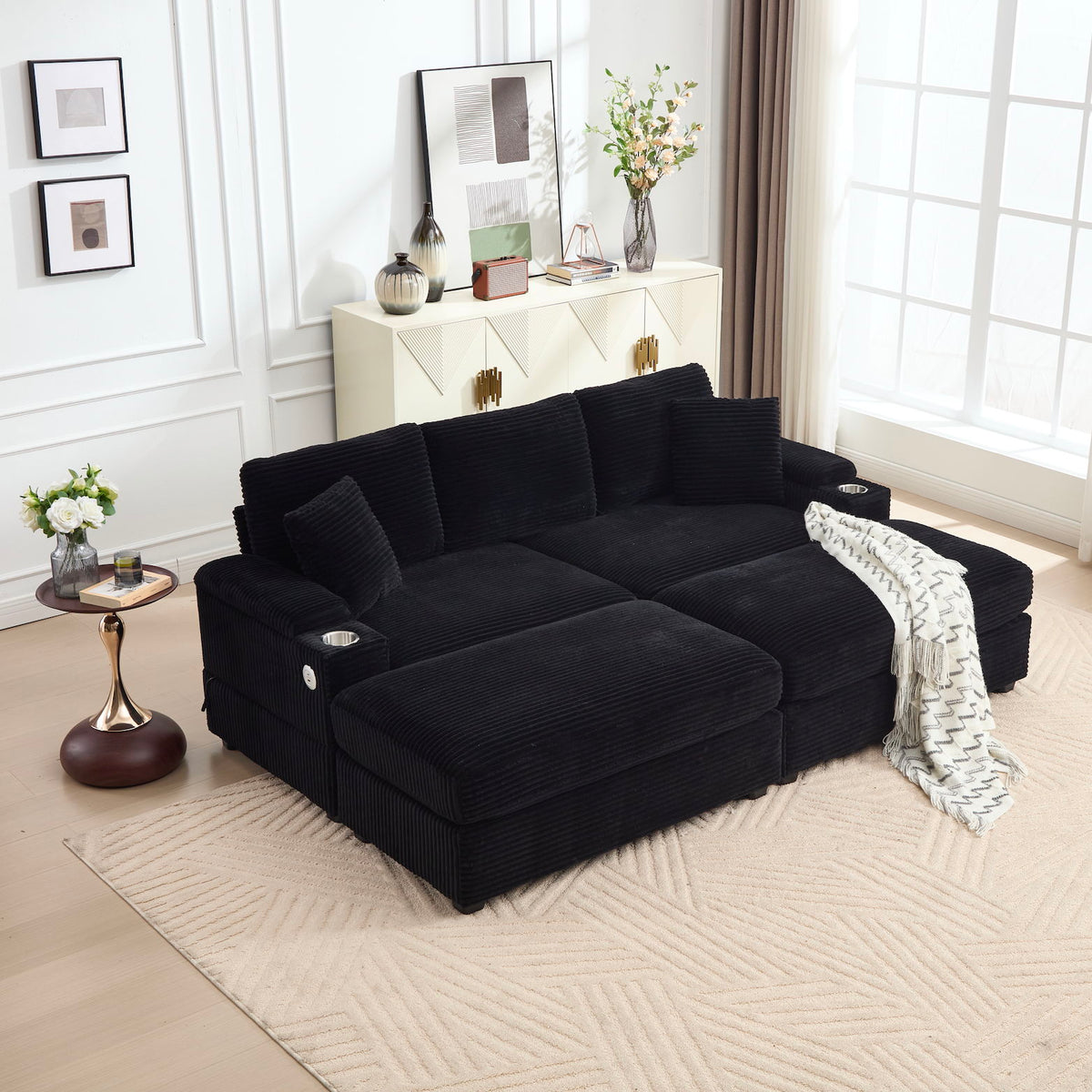 Convertible Sectional Sofa Bed Set With Armrest Storage, Cup Holder, USB - Black