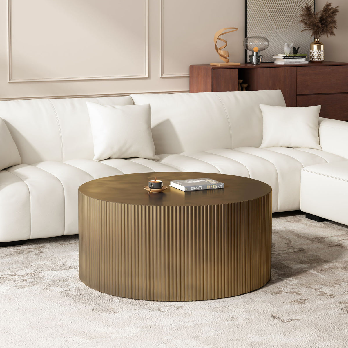 Modern Wave Stripe Round Coffee Table With Spacious Top