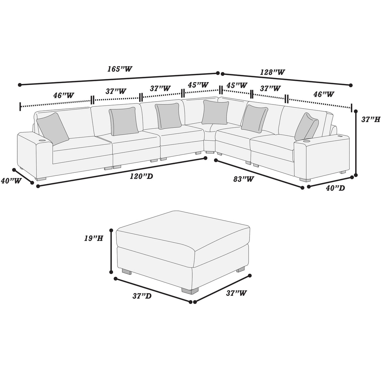 Contemporary Style Modular Sectional Sofa Set With USB, Cup Holder