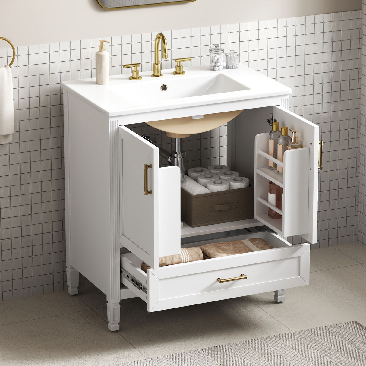 Elegant Fluted Bathroom Vanity With Sink, Soft Close Doors & Drawer