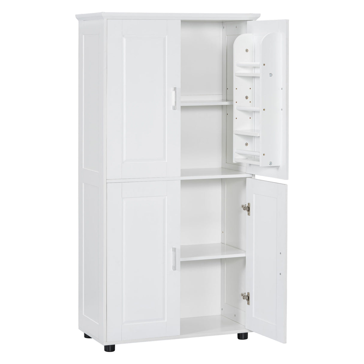 Tall And Wide Bathroom Floor Storage Cabinet With 4 Doors, Adjustable Shelves - White