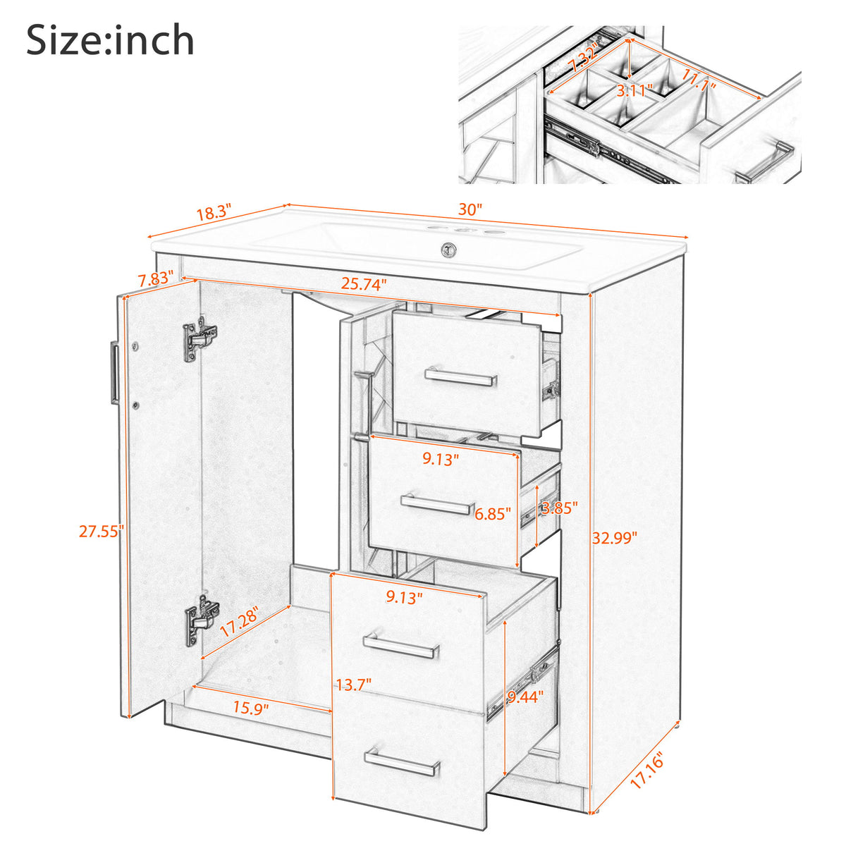 Bathroom Vanity With Sink, Storage Cabinet, Freestanding Set With 3 Drawers & Soft Closing Doors