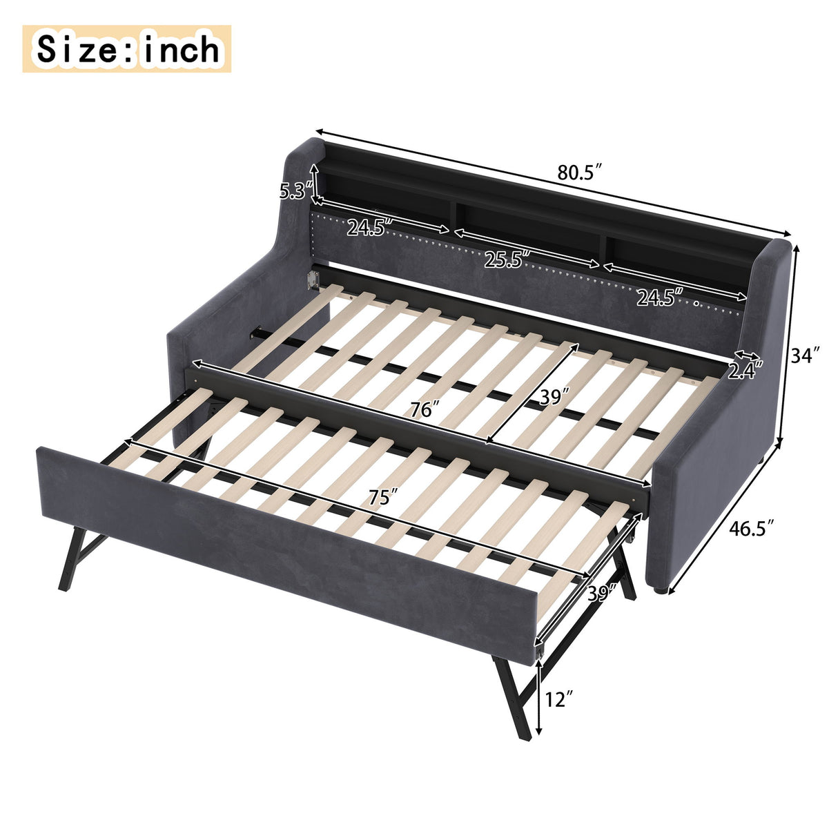 Twin Size Daybed With Trundle With LED Light & Charging Station - Dark Gray