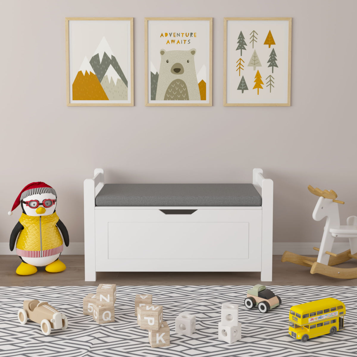 Kids Toy Box Chest Storage Cabinet With Cushion Seat Bench Flip Top Lid Safety Hinge - White