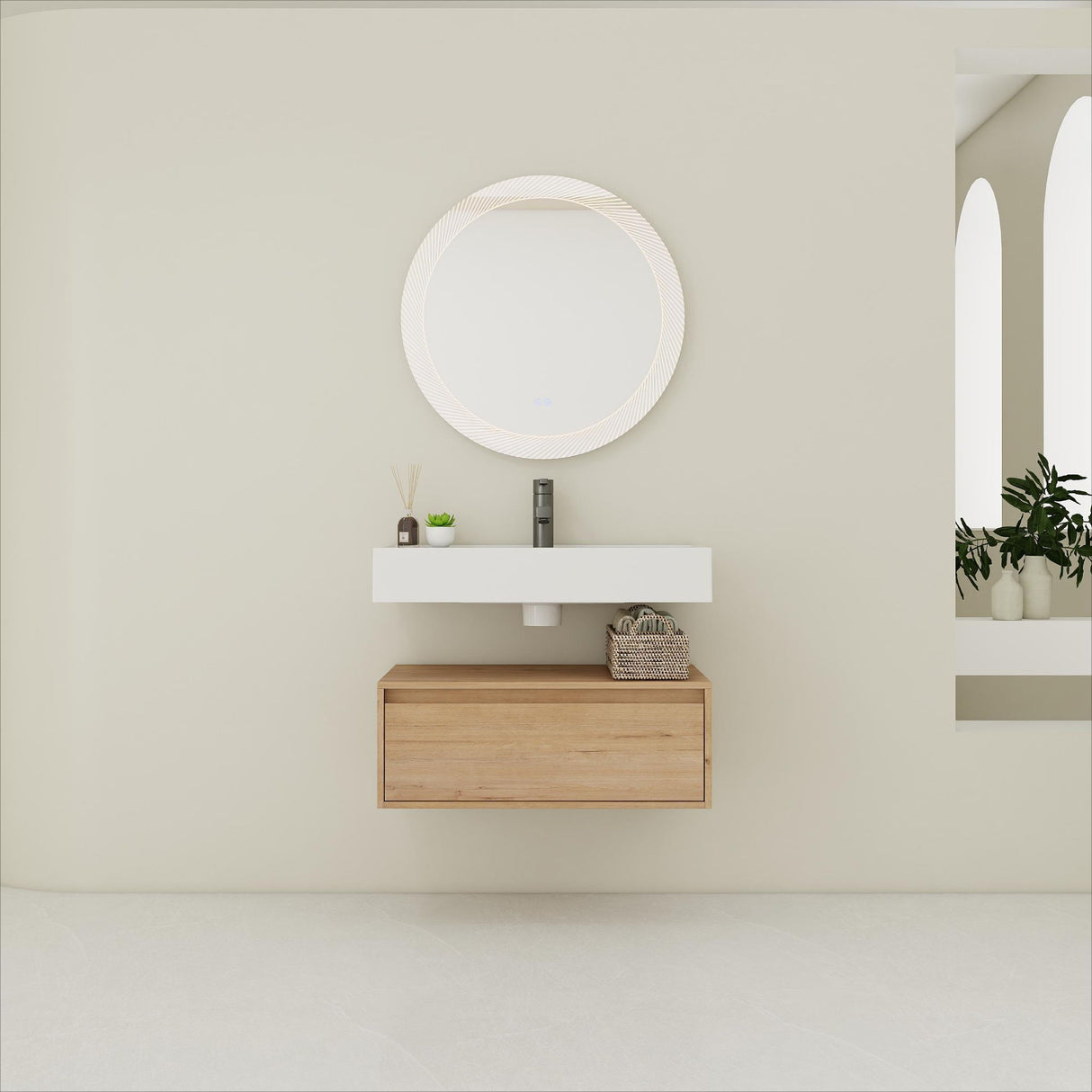 Wall Mounted Bathroom Vanity With Resin Sink And Soft Close Drawer - Imitative Oak