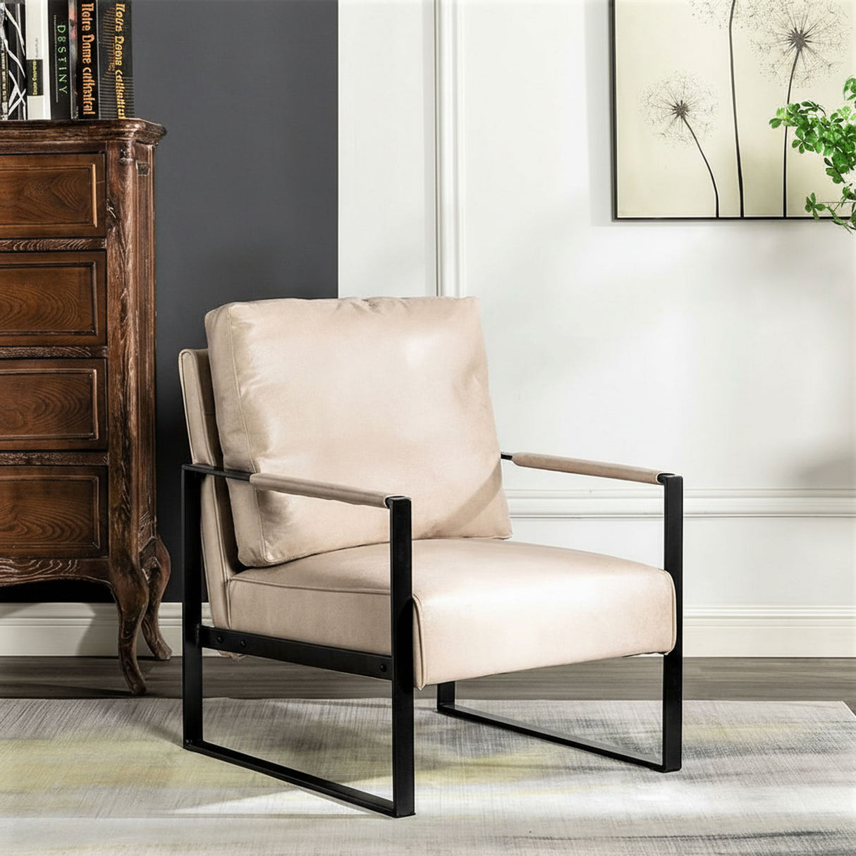 Classic Mid Century Modern Accent Chair With Durable Square Metal Frame, Armchair