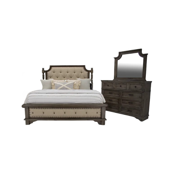 Charleston Queen Padded Bed Dresser & Mirror - CHARQF+CHARQH+CHARQR+CHARD+CHARMR